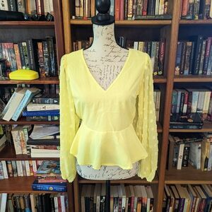 𝅺peach yellow v neck sheer puff long sleeve blouse sz s euc